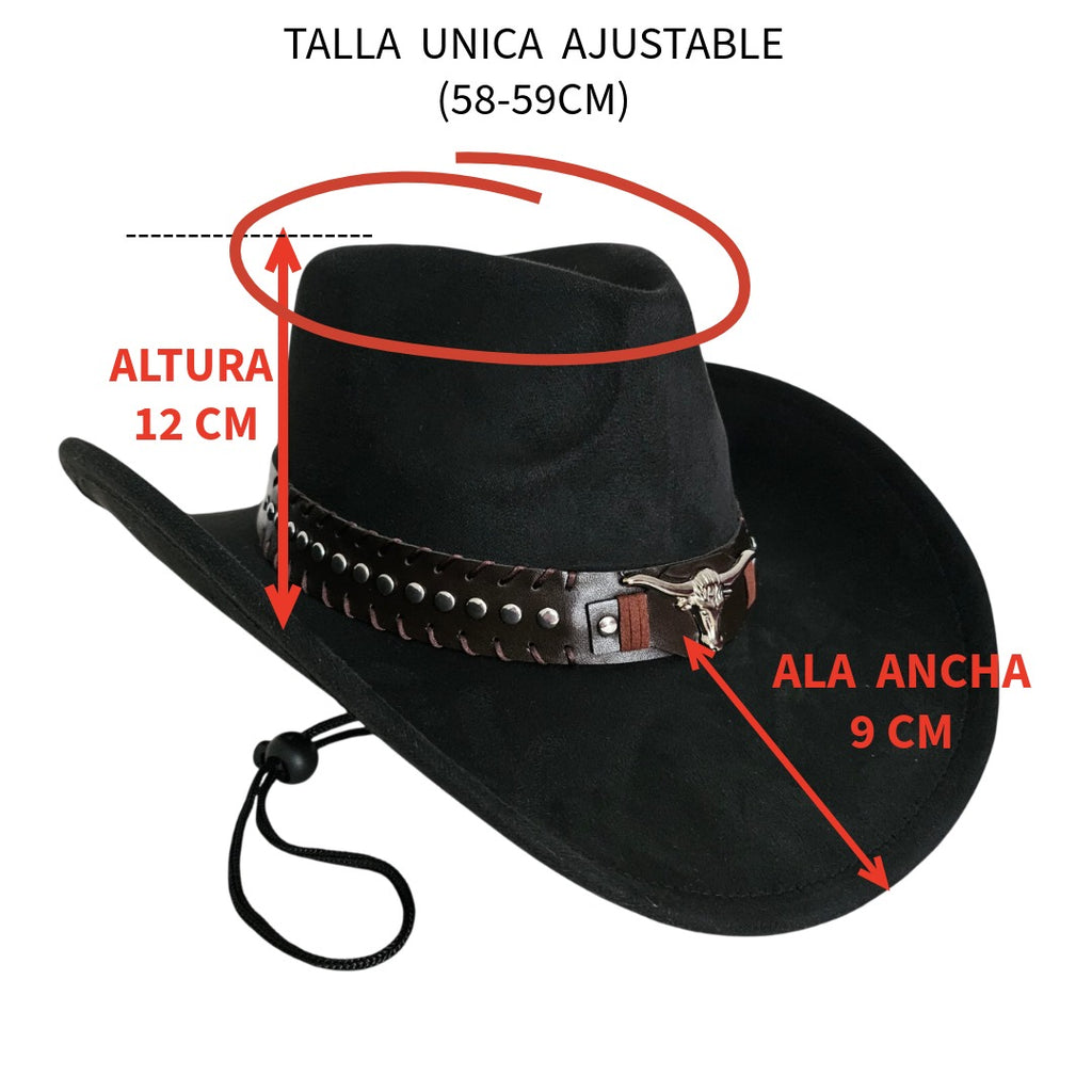 Sombrero Cowboy Estilo Western de Ala Ancha - Gorro Vaquero Negro Gamuza Sintética Talla única Ajustable Adulto