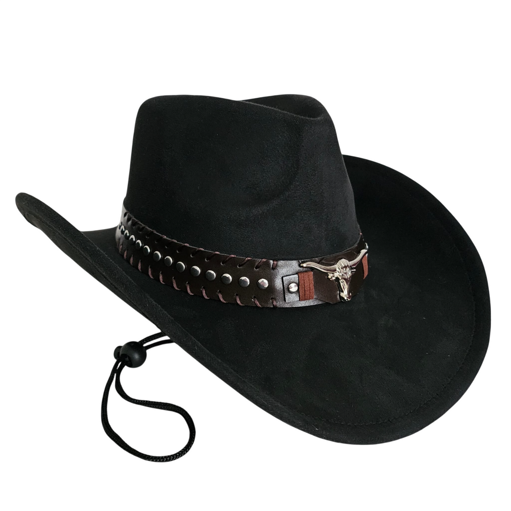 Sombrero Cowboy Estilo Western de Ala Ancha - Gorro Vaquero Negro Gamuza Sintética Talla única Ajustable Adulto