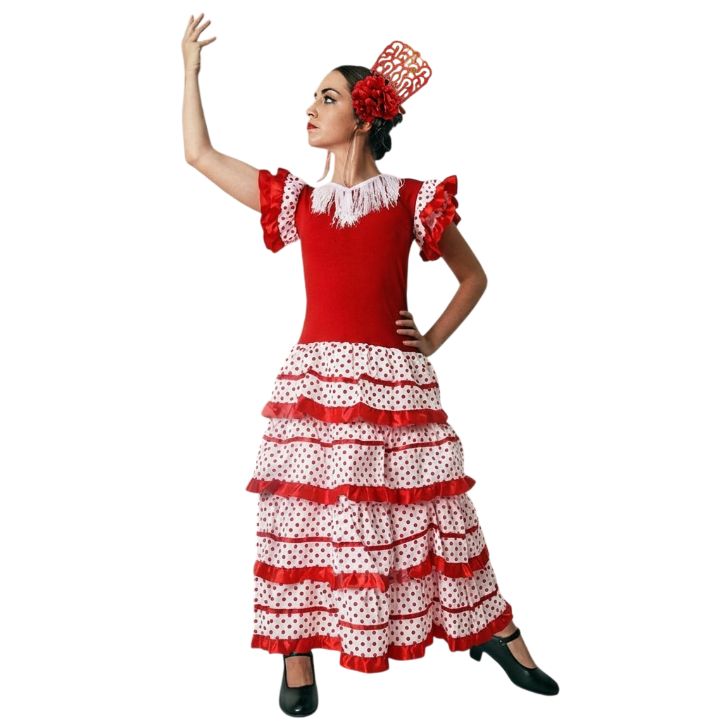 Vestido de Flamenca Mujer Traje Sevillana Rojo y Lunares con Flor y Peineta | Disfraz Andaluza Feria de Abril y Carnaval