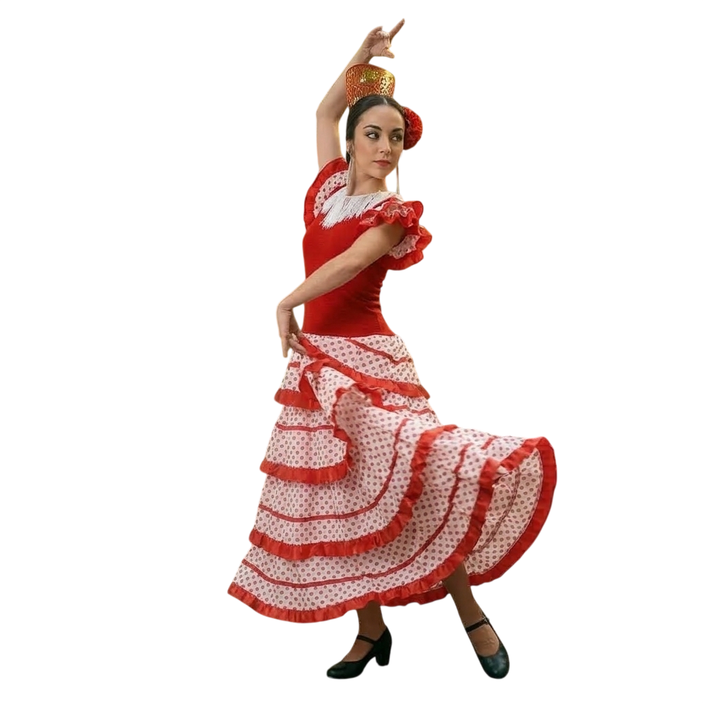Vestido de Flamenca Mujer Traje Sevillana Rojo y Lunares con Flor y Peineta | Disfraz Andaluza Feria de Abril y Carnaval