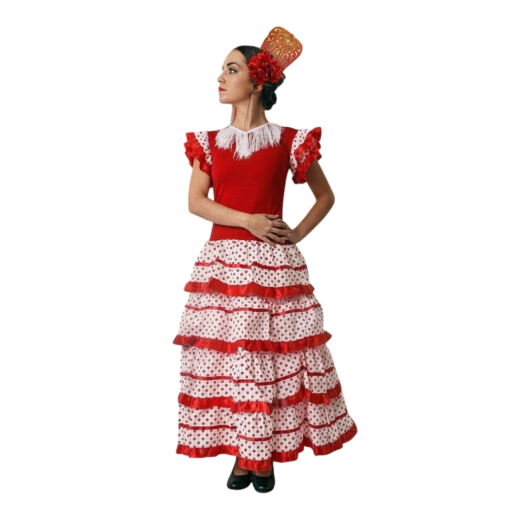 Vestido de Flamenca Mujer Traje Sevillana Rojo y Lunares con Flor y Peineta | Disfraz Andaluza Feria de Abril y Carnaval