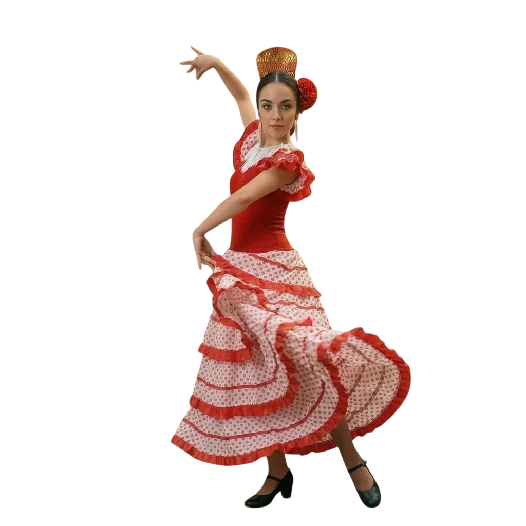 Vestido de Flamenca Mujer Traje Sevillana Rojo y Lunares con Flor y Peineta | Disfraz Andaluza Feria de Abril y Carnaval