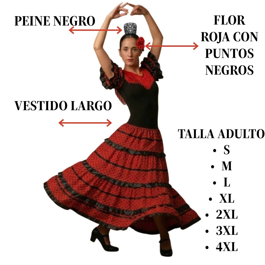 Vestido de Flamenca Profesional para Mujer – Traje de Sevillana Largo con Volantes y Lunares – Disfraz para Carnaval, Ferias y Baile – Incluye Peinetón y Flor