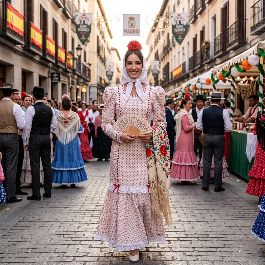 Disfraz de Chulapa Madrileña Mujer con Vestido, Pañuelo y Clavel Rojo - Traje Tradicional San Isidro Tallas XS a L