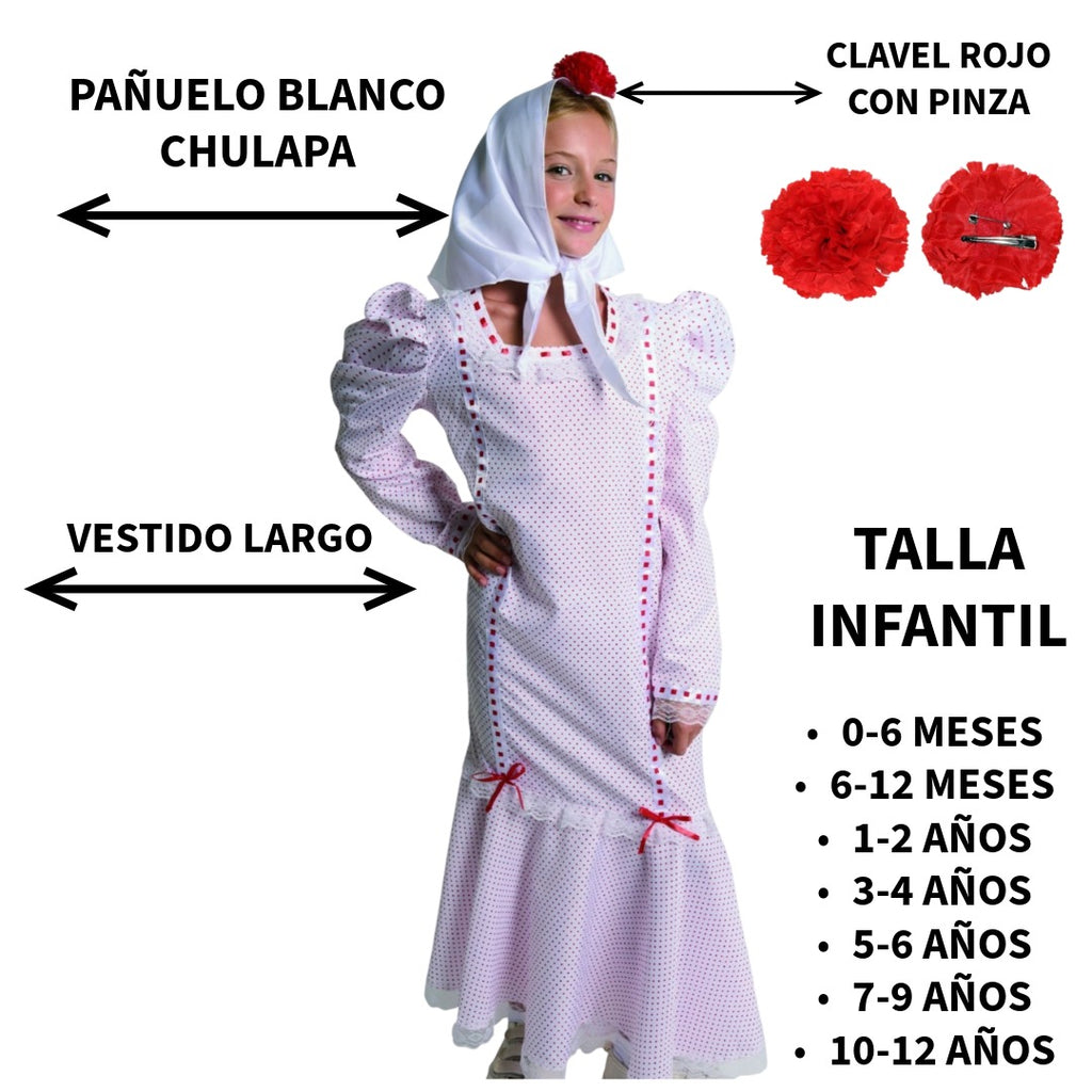 Disfraz de Chulapa Madrileña Infantil - Vestido Tradicional San Isidro con Pañuelo y Clavel Rojo - Tallas 0 Meses a 12 Años