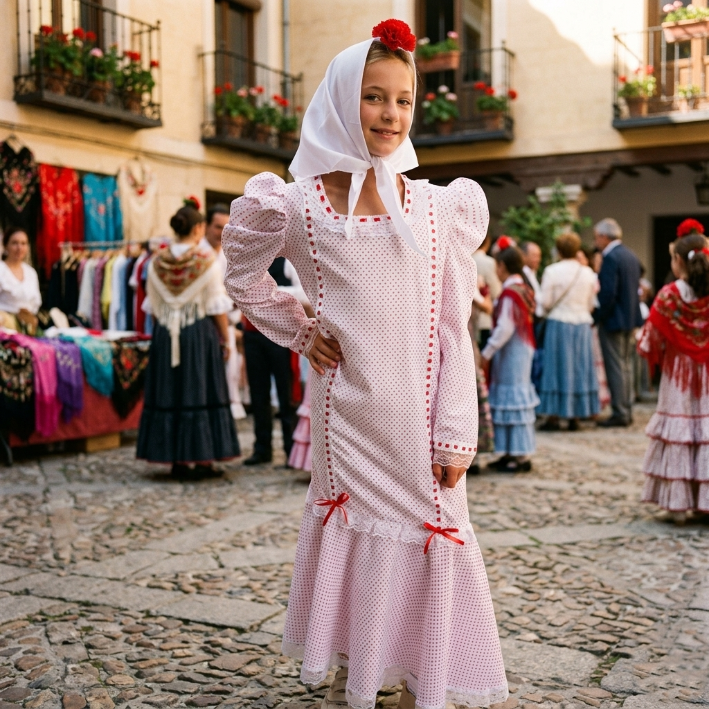Disfraz de Chulapa Madrileña Infantil - Vestido Tradicional San Isidro con Pañuelo y Clavel Rojo - Tallas 0 Meses a 12 Años