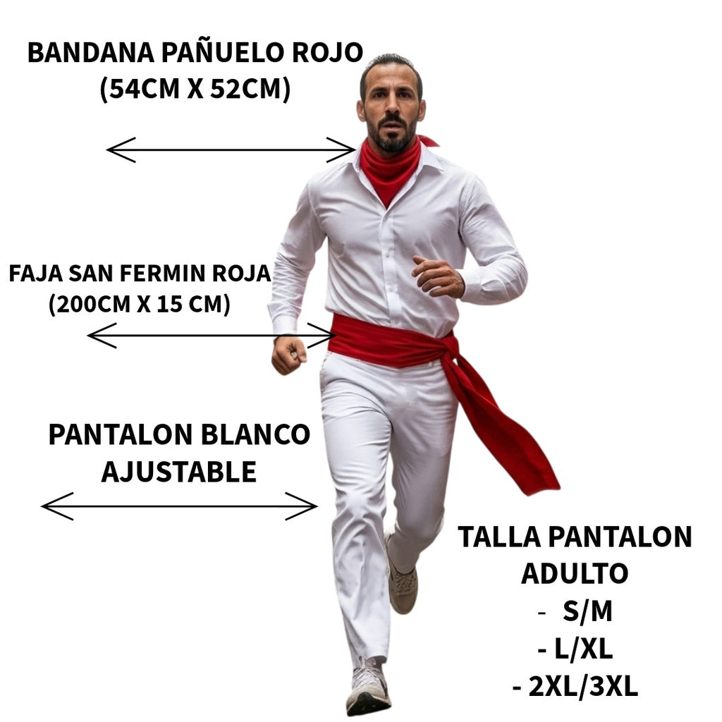 Traje San Fermín Adulto: Pantalón Blanco Ajustable + Faja Roja (200cm) + Pañuelo Bandana | Disfraz Sanfermines y Carnaval
