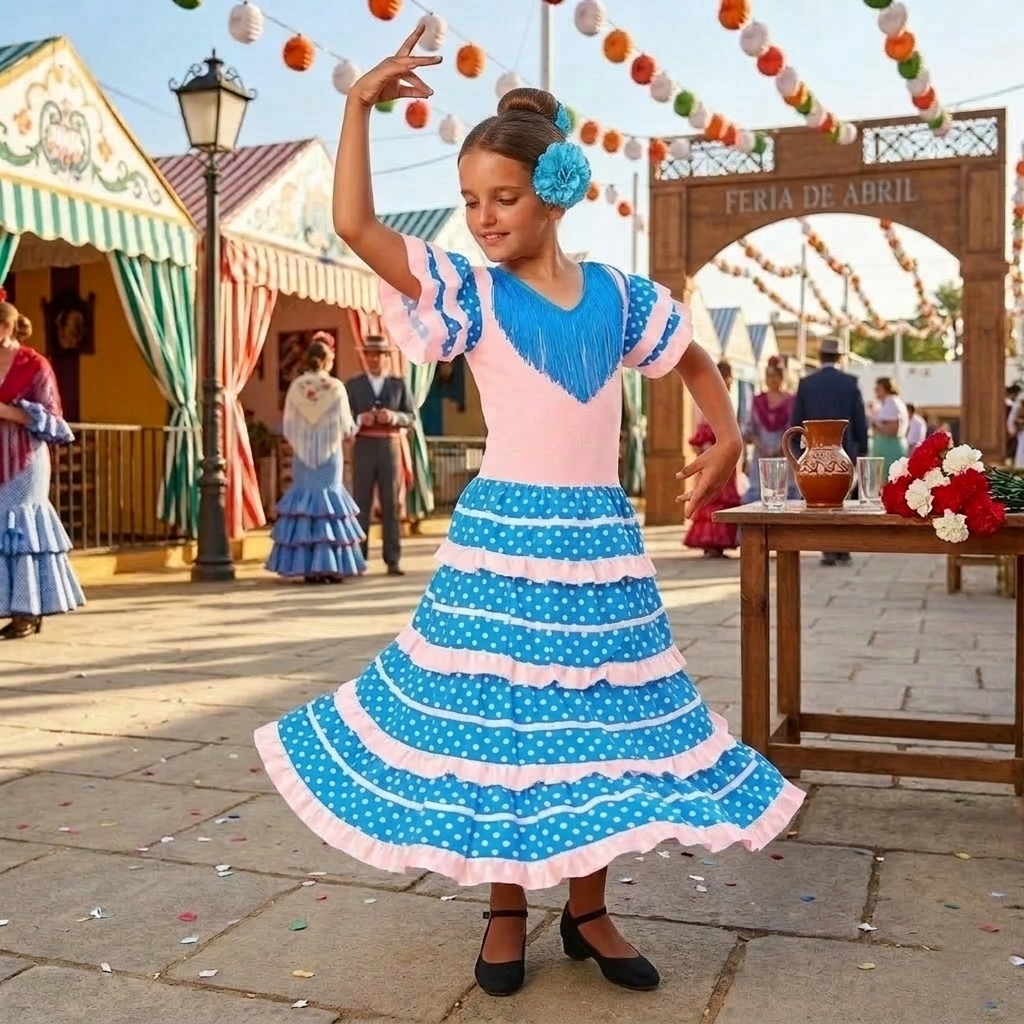 Traje de Flamenca Niña Azul y Blanco con Lunares | Vestido de Sevillana Infantil con Peineta y Flor | Disfraz de Feria y Baile