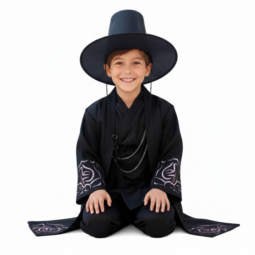 Disfraz Guerrero K-Pop Infantil con Sombrero Gat y Túnica Negra - Conjunto Moderno Pop Star Coreano para Niños