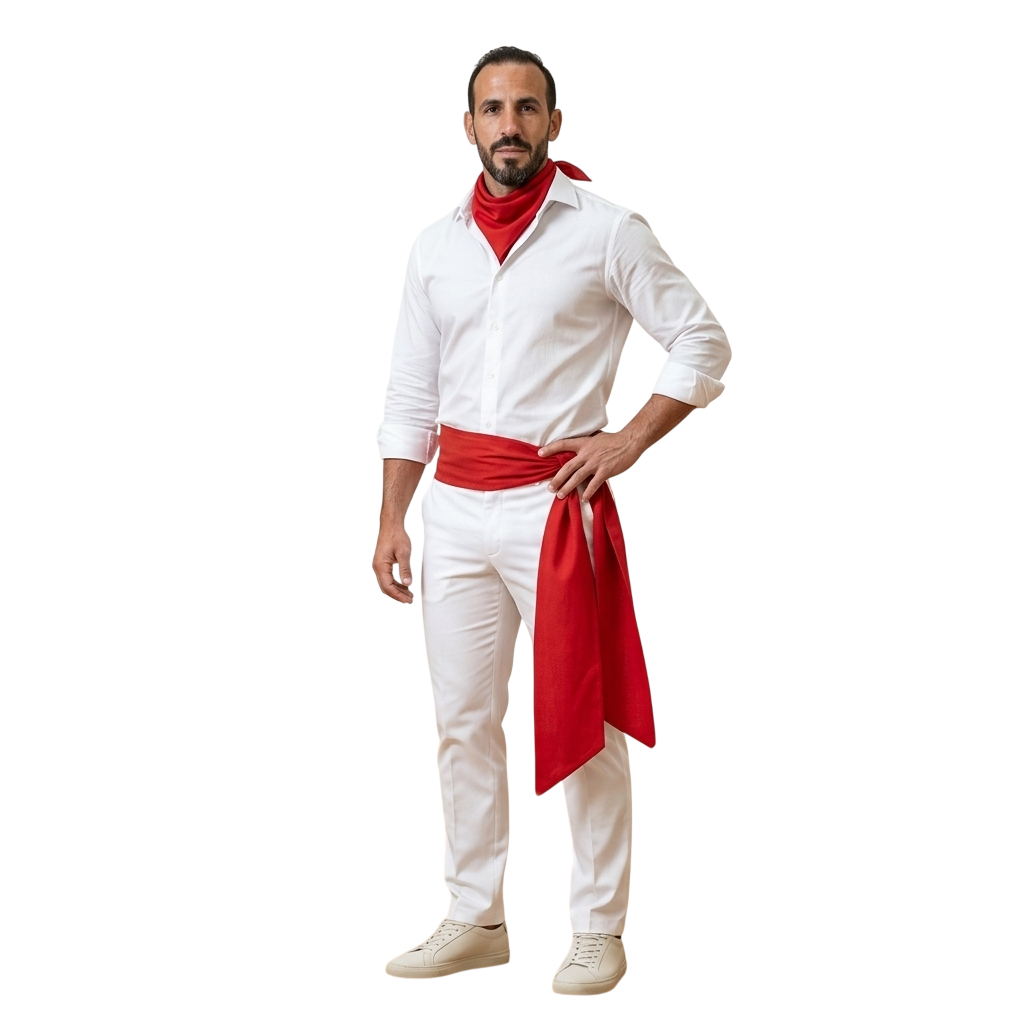 Traje San Fermín Adulto: Pantalón Blanco Ajustable + Faja Roja (200cm) + Pañuelo Bandana | Disfraz Sanfermines y Carnaval