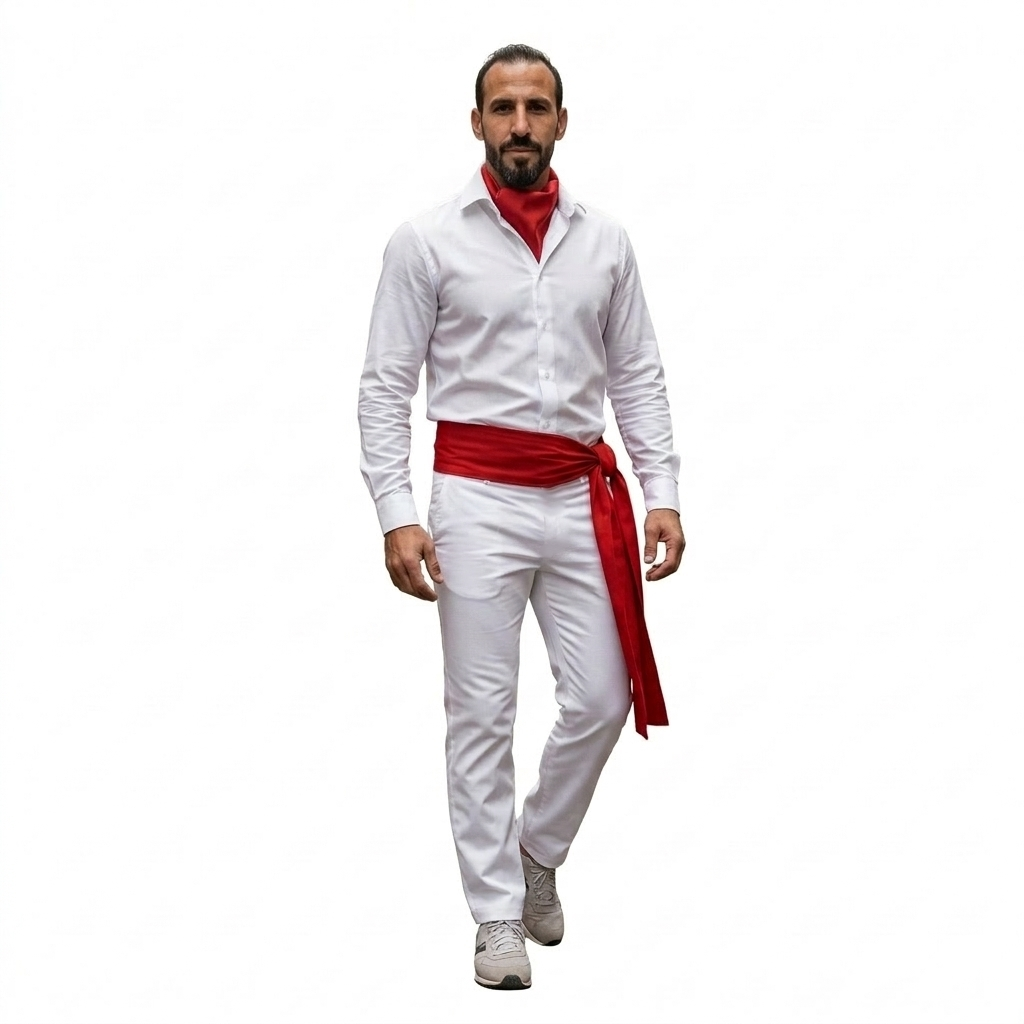 Traje San Fermín Adulto: Pantalón Blanco Ajustable + Faja Roja (200cm) + Pañuelo Bandana | Disfraz Sanfermines y Carnaval