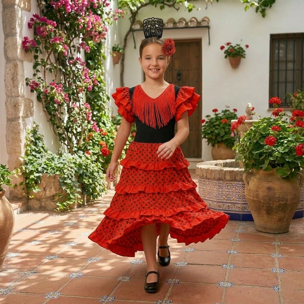 Disfraz de Flamenca para Niña - Vestido Sevillana con Volantes Rojos y Lunares, Incluye Peineta y Flor - Tallas 1 a 12 Años