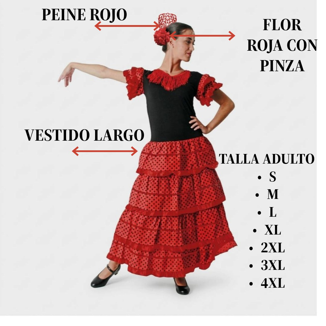 Vestido de Flamenca para Mujer Adulta con Peineta y Flor Roja - Traje de Sevillana para Carnaval y Fiestas - Tallas S a 4XL