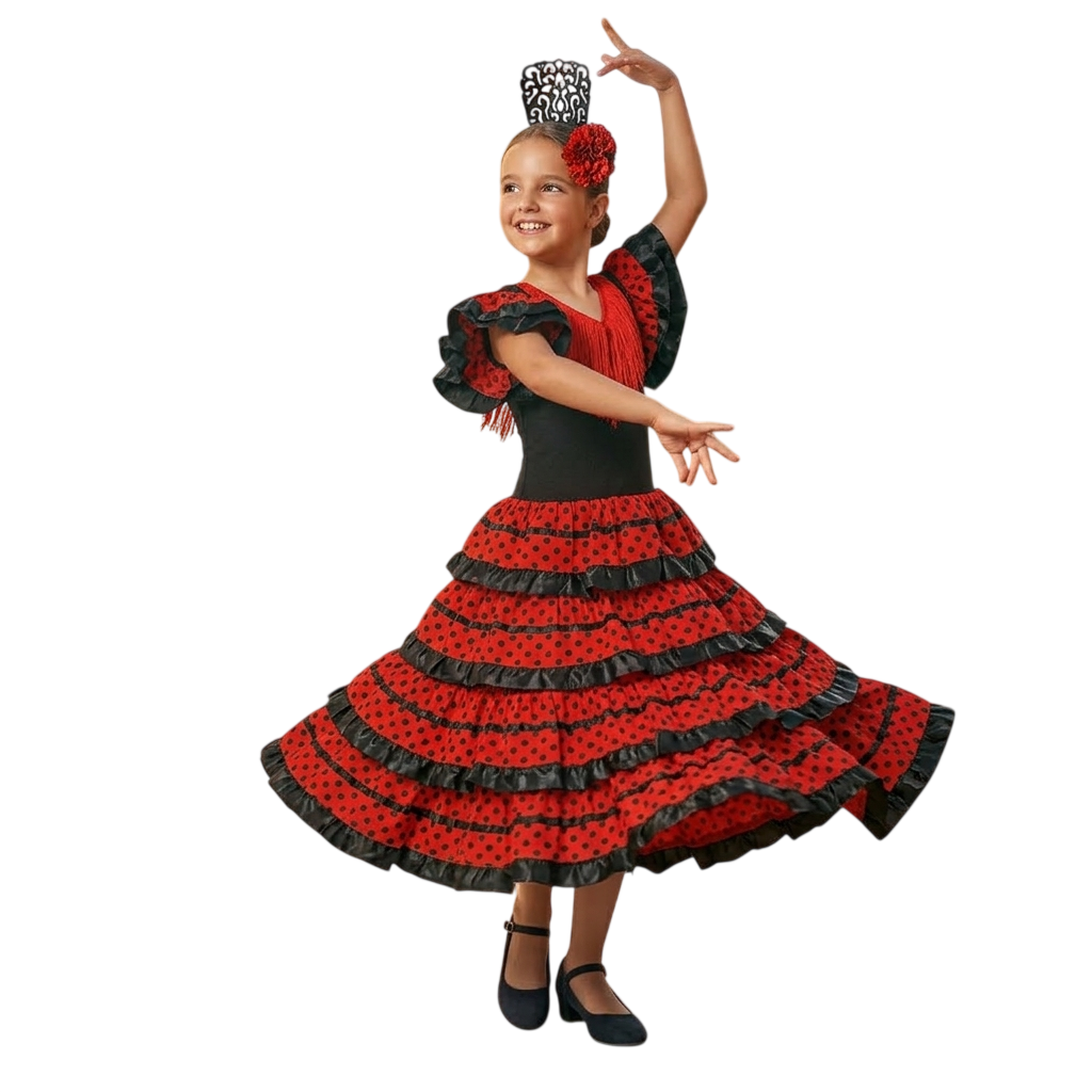 Disfraz de Flamenca Niña Vestido Sevillana con Volantes y Lunares, Incluye Peineta y Flor, Ideal Carnaval y Ferias (1-12 Años)