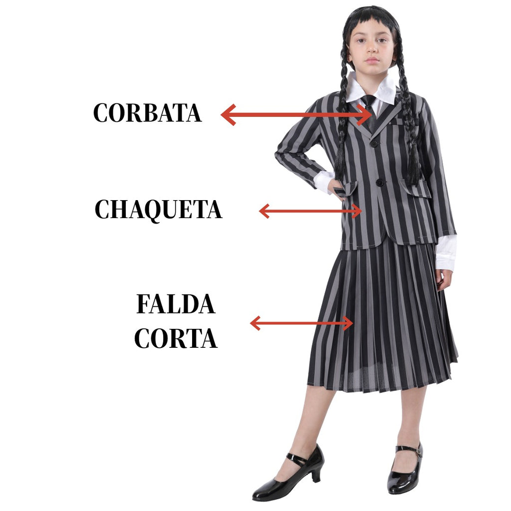 Disfraz de Uniforme Gótico Escolar para Niña - Traje de Rayas con Chaqueta y Falda | Halloween Carnaval Cosplay