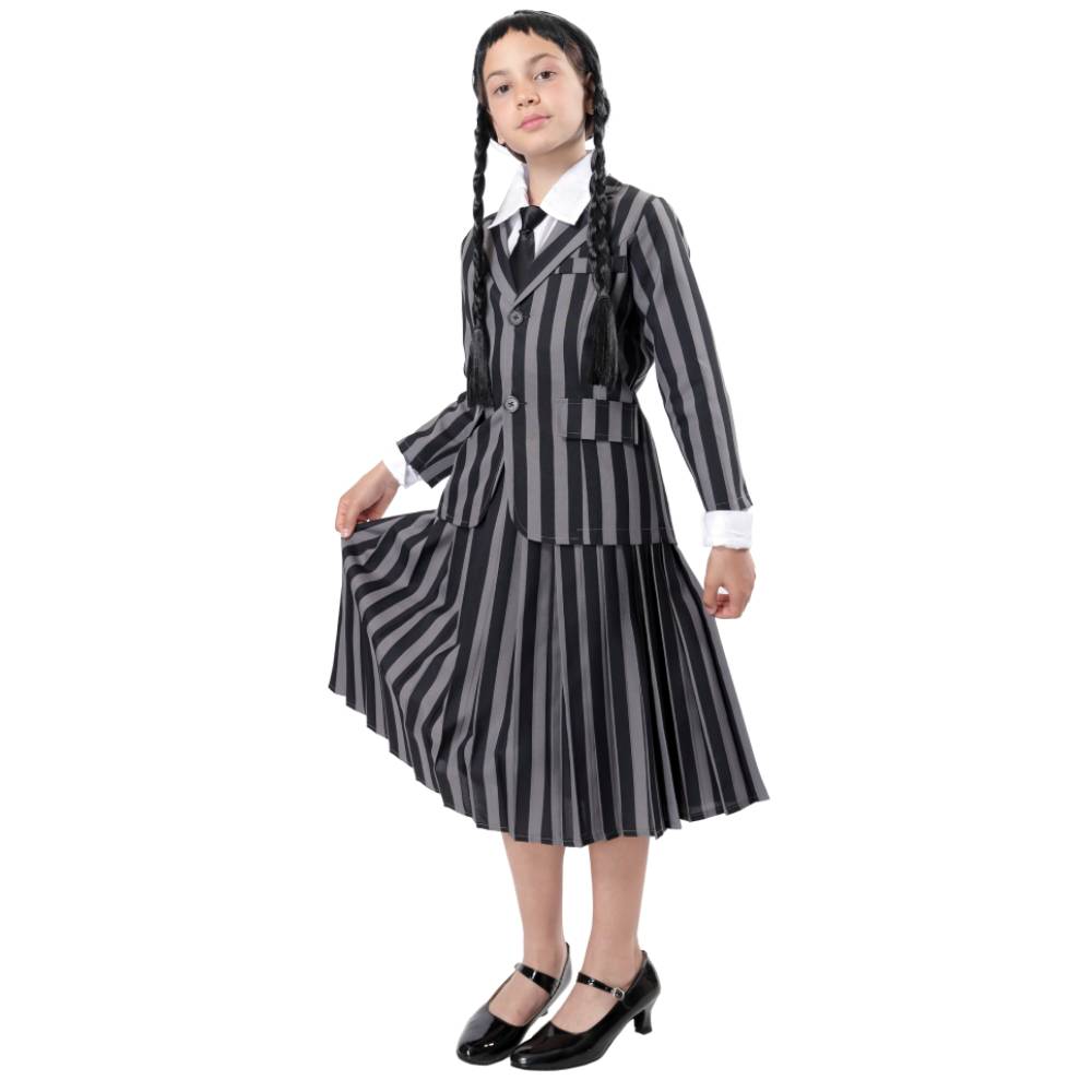 Disfraz de Uniforme Gótico Escolar para Niña - Traje de Rayas con Chaqueta y Falda | Halloween Carnaval Cosplay