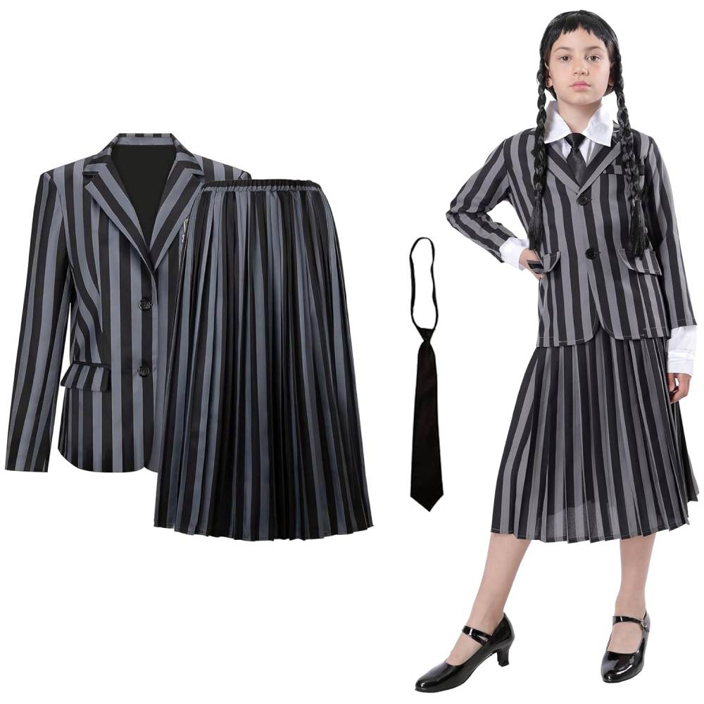 Disfraz de Uniforme Gótico Escolar para Niña - Traje de Rayas con Chaqueta y Falda | Halloween Carnaval Cosplay