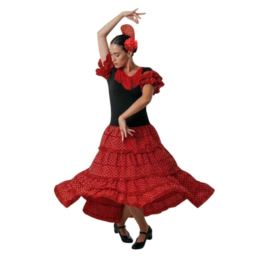 Vestido de Flamenca para Mujer Adulta con Peineta y Flor Roja - Traje de Sevillana para Carnaval y Fiestas - Tallas S a 4XL