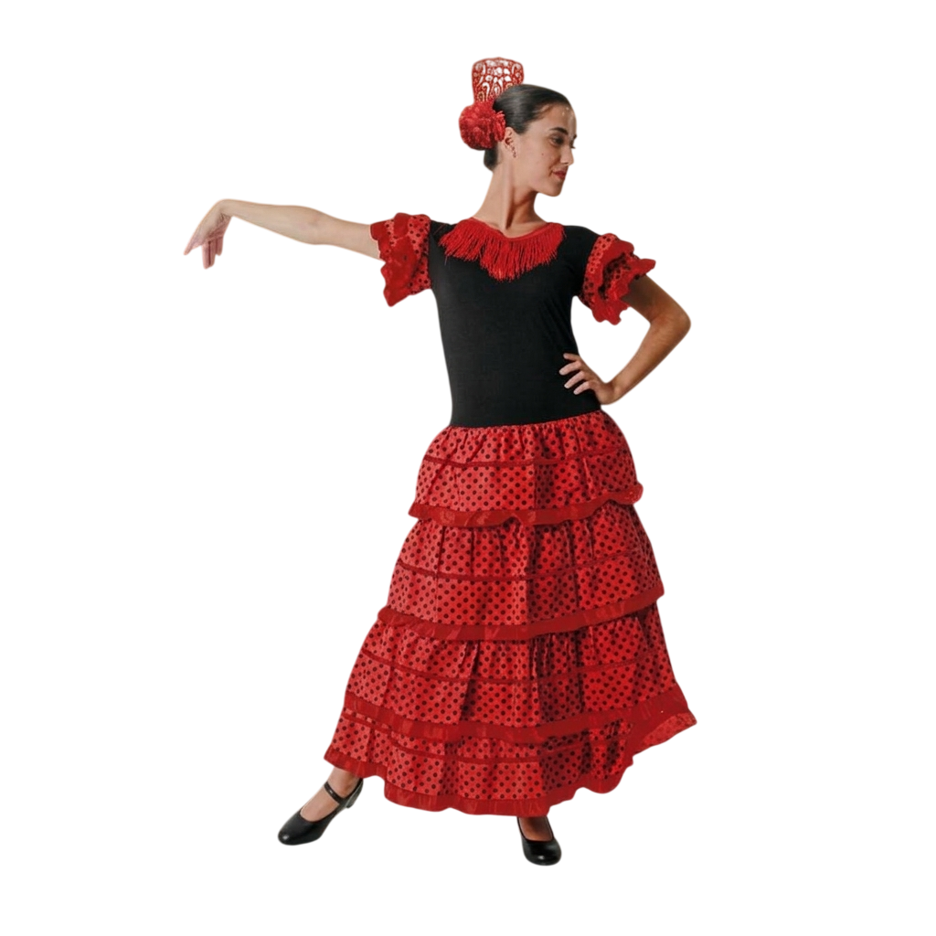 Vestido de Flamenca para Mujer Adulta con Peineta y Flor Roja - Traje de Sevillana para Carnaval y Fiestas - Tallas S a 4XL