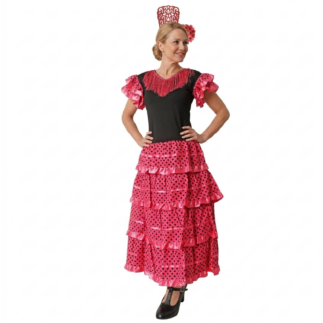 Disfraz de Flamenca Sevillana Mujer Negro y Fucsia con Lunares | Vestido Española para Feria, Carnaval y Fiestas - Tallas S a XL