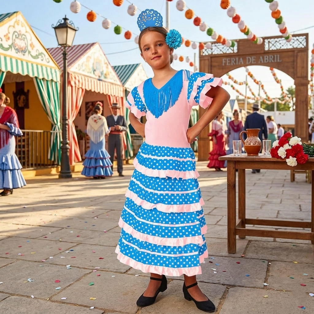 Traje de Flamenca Niña Azul y Blanco con Lunares | Vestido de Sevillana Infantil con Peineta y Flor | Disfraz de Feria y Baile