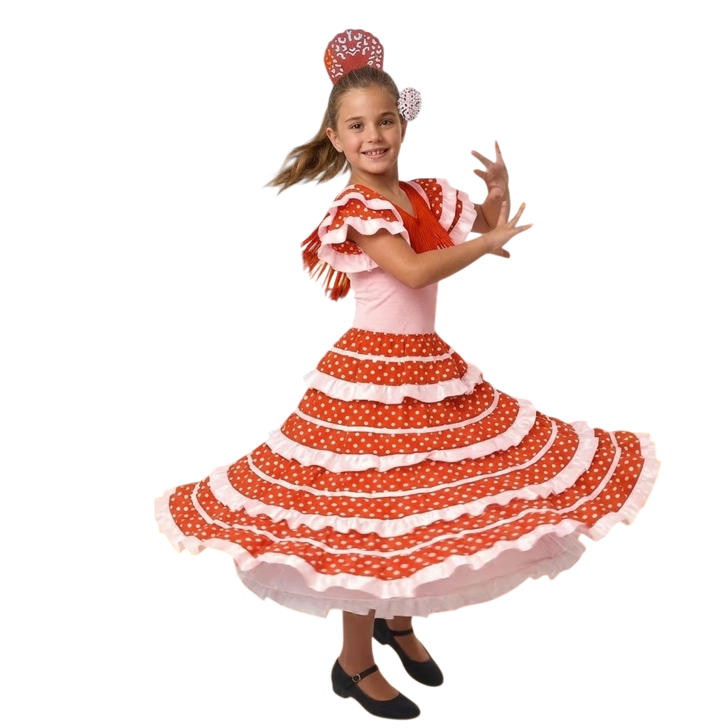 Vestido Flamenca Niña Traje Sevillana con Peineta y Flor | Disfraz Andaluza Feria y Carnaval | Tallas 1 a 12 Años