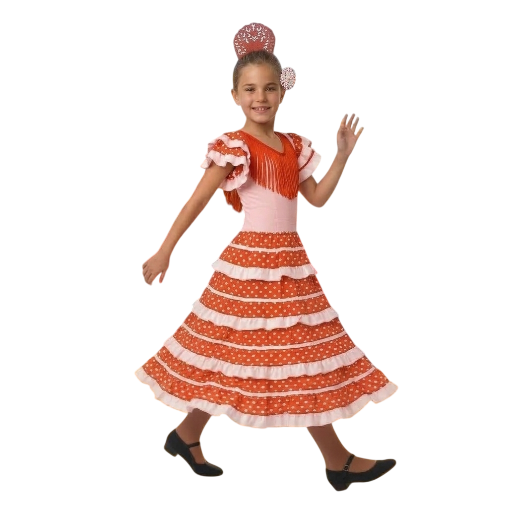 Vestido Flamenca Niña Traje Sevillana con Peineta y Flor | Disfraz Andaluza Feria y Carnaval | Tallas 1 a 12 Años