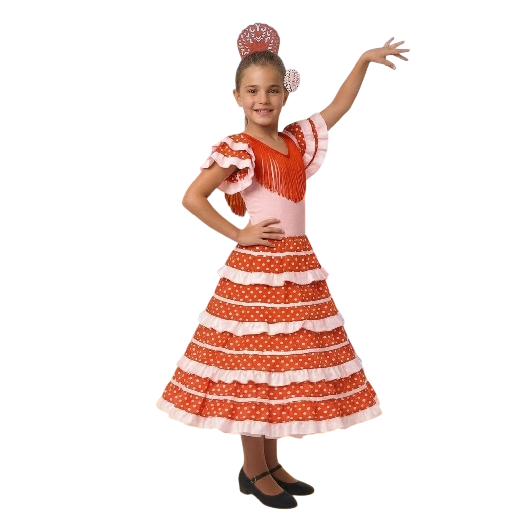 Vestido Flamenca Niña Traje Sevillana con Peineta y Flor | Disfraz Andaluza Feria y Carnaval | Tallas 1 a 12 Años