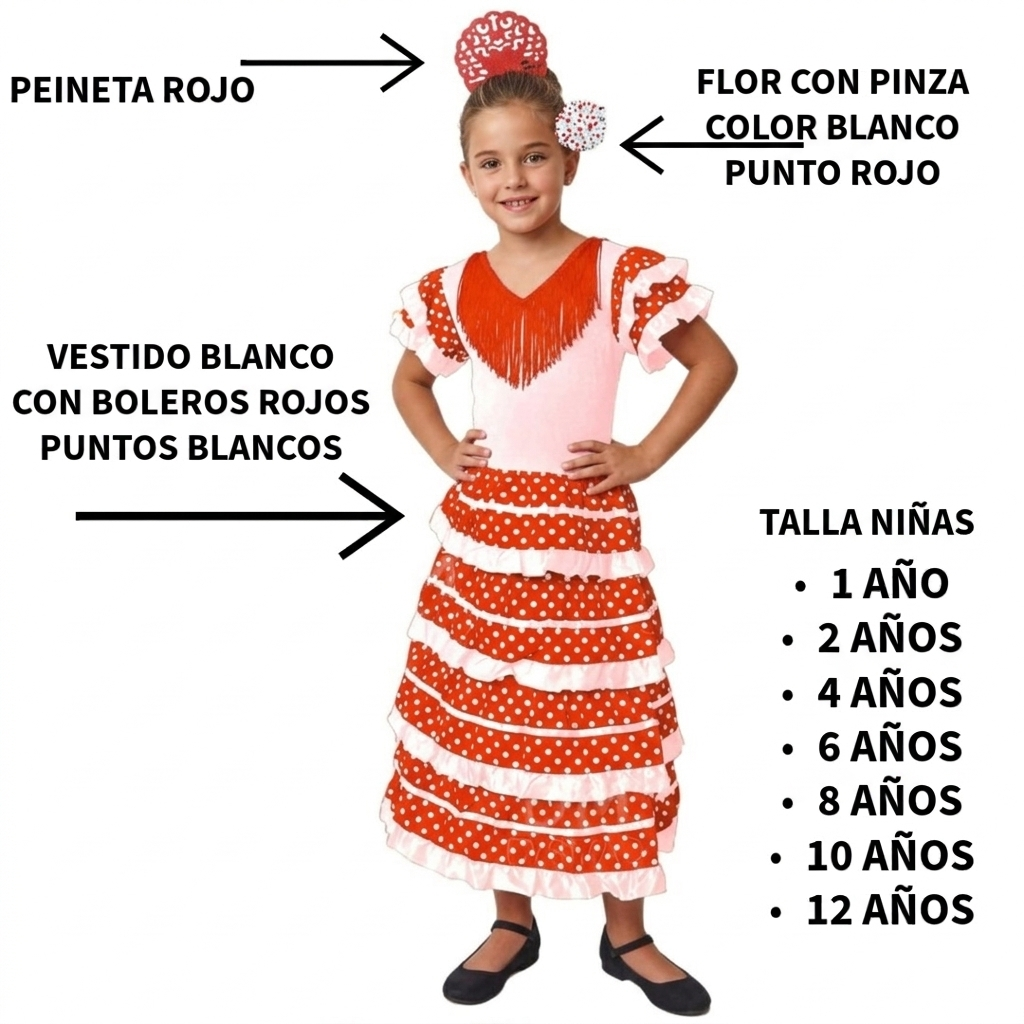 Vestido Flamenca Niña Traje Sevillana con Peineta y Flor | Disfraz Andaluza Feria y Carnaval | Tallas 1 a 12 Años