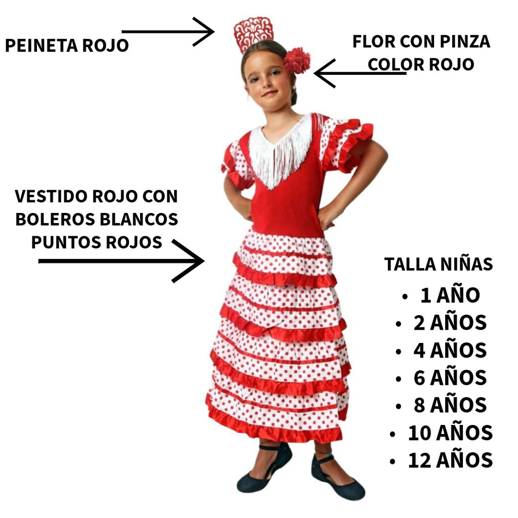 Traje de Flamenca Niña Rojo y Blanco con Lunares - Vestido de Sevillana Infantil para Feria, Romería y Carnaval