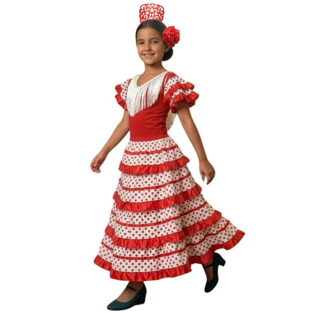 Traje de Flamenca Niña Rojo y Blanco con Lunares - Vestido de Sevillana Infantil para Feria, Romería y Carnaval