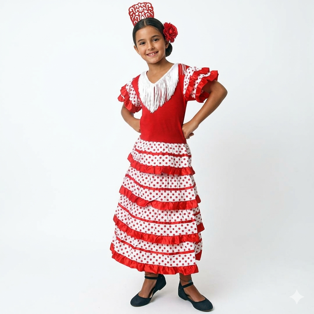 Traje de Flamenca Niña Rojo y Blanco con Lunares - Vestido de Sevillana Infantil para Feria, Romería y Carnaval