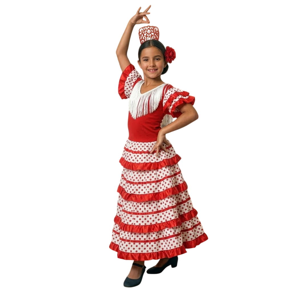 Traje de Flamenca Niña Rojo y Blanco con Lunares - Vestido de Sevillana Infantil para Feria, Romería y Carnaval