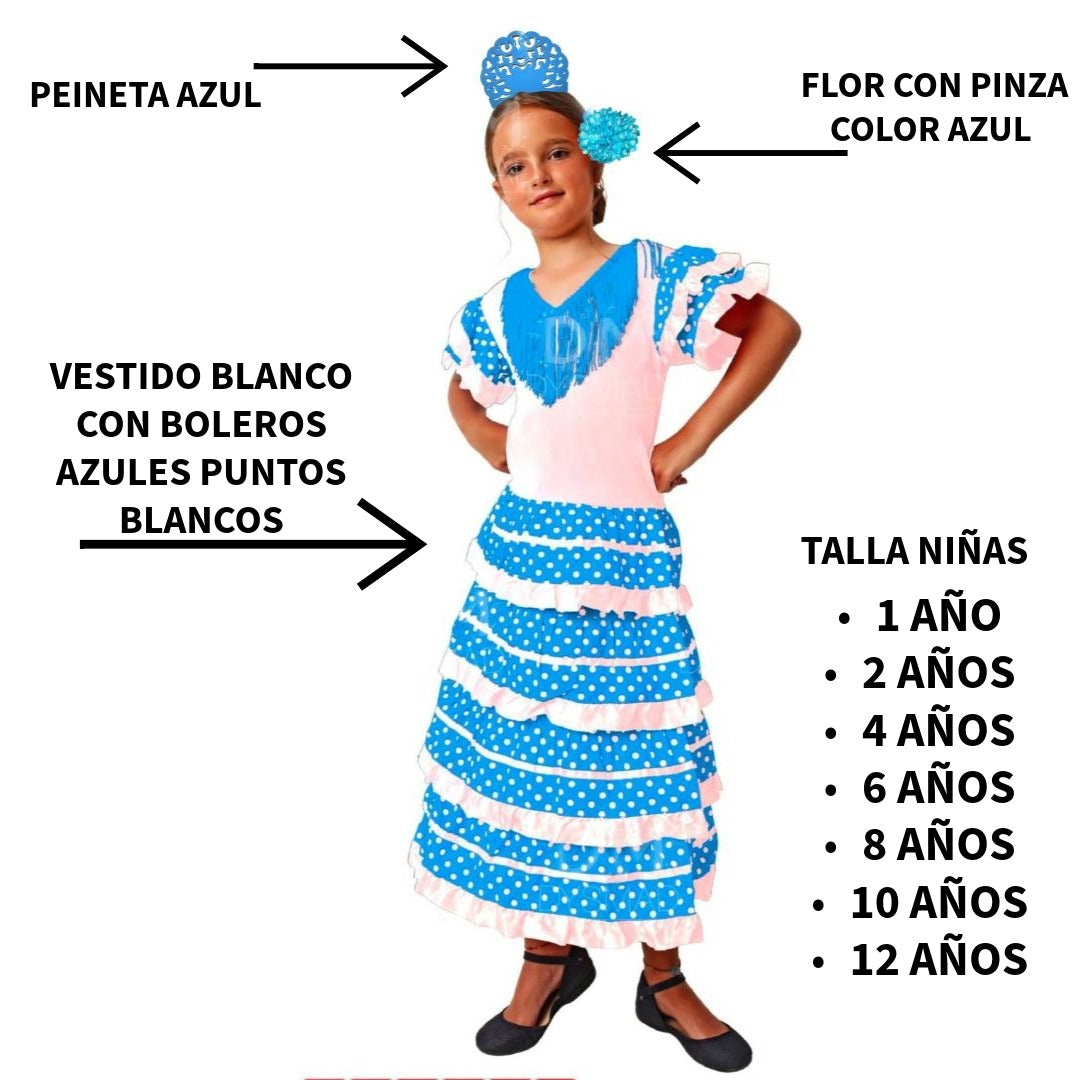 Traje de Flamenca Niña Azul y Blanco con Lunares | Vestido de Sevillana Infantil con Peineta y Flor | Disfraz de Feria y Baile