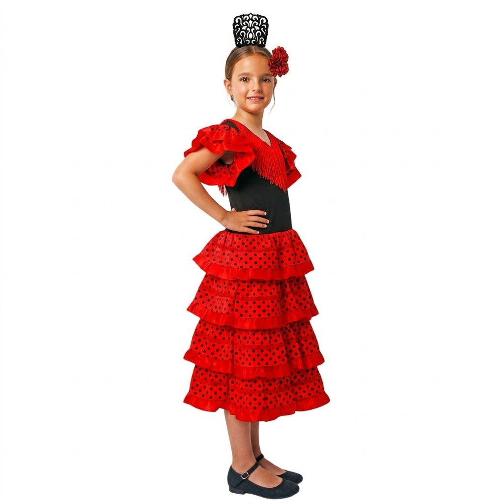 Disfraz de Flamenca para Niña - Vestido Sevillana con Volantes Rojos y Lunares, Incluye Peineta y Flor - Tallas 1 a 12 Años