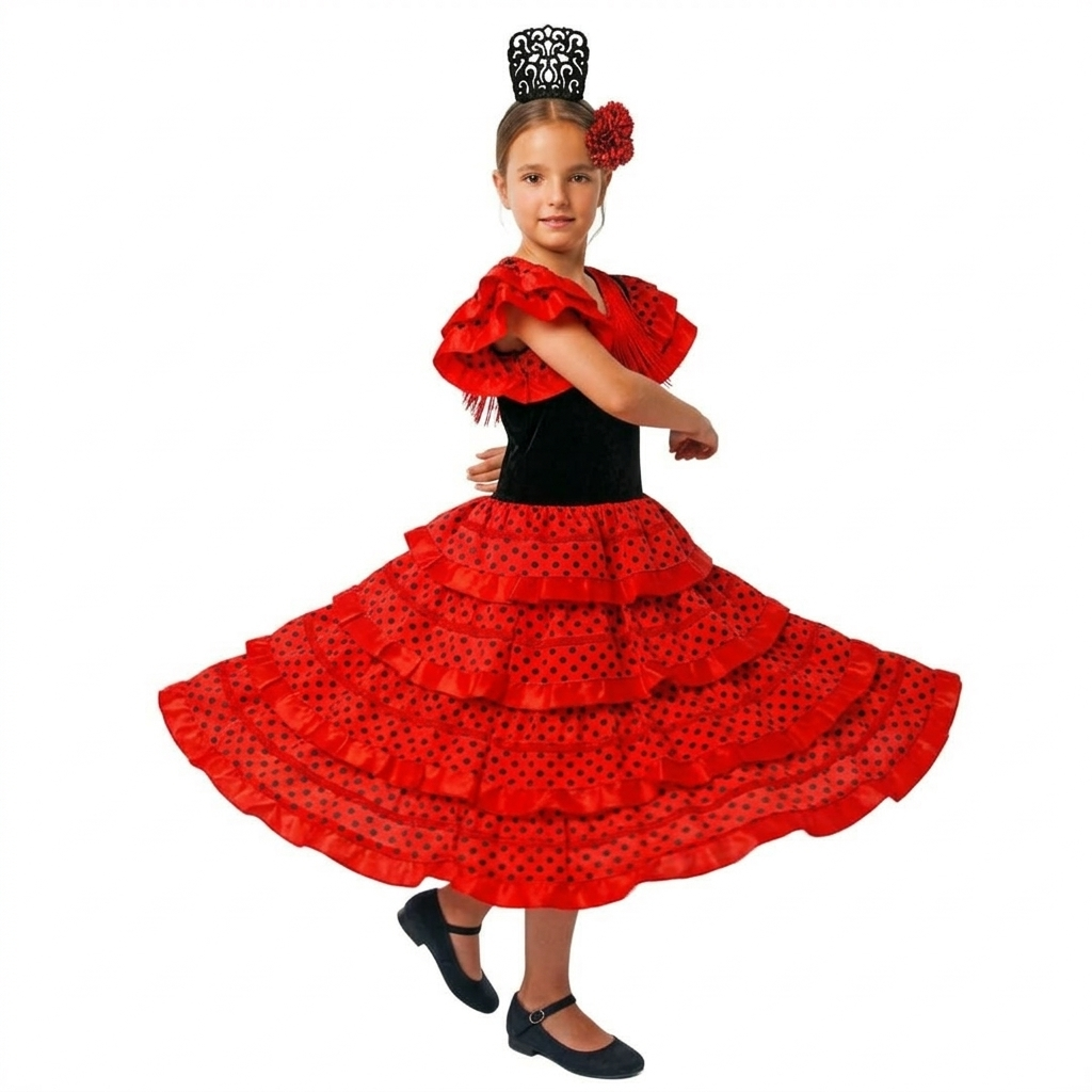 Disfraz de Flamenca para Niña - Vestido Sevillana con Volantes Rojos y Lunares, Incluye Peineta y Flor - Tallas 1 a 12 Años
