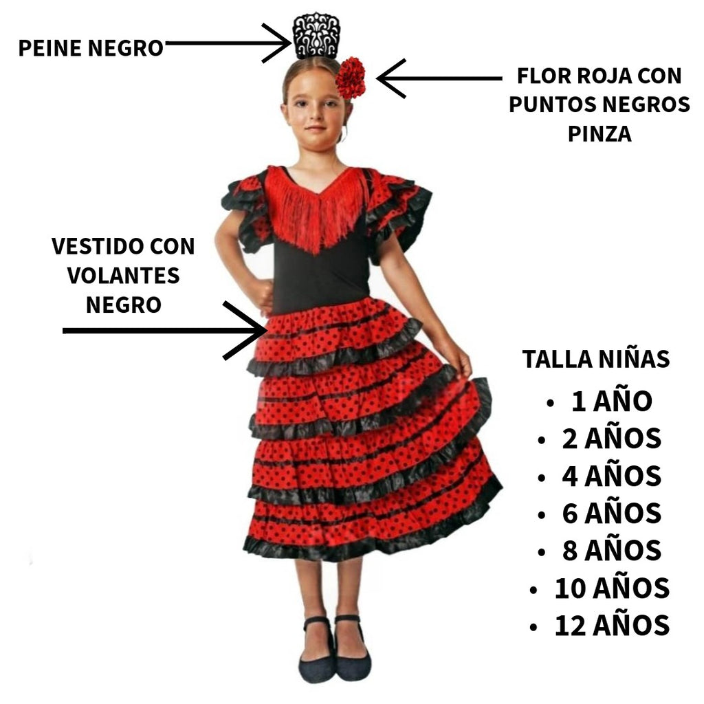 Disfraz de Flamenca Niña Vestido Sevillana con Volantes y Lunares, Incluye Peineta y Flor, Ideal Carnaval y Ferias (1-12 Años)