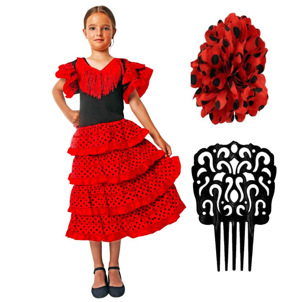 Disfraz de Flamenca para Niña - Vestido Sevillana con Volantes Rojos y Lunares, Incluye Peineta y Flor - Tallas 1 a 12 Años