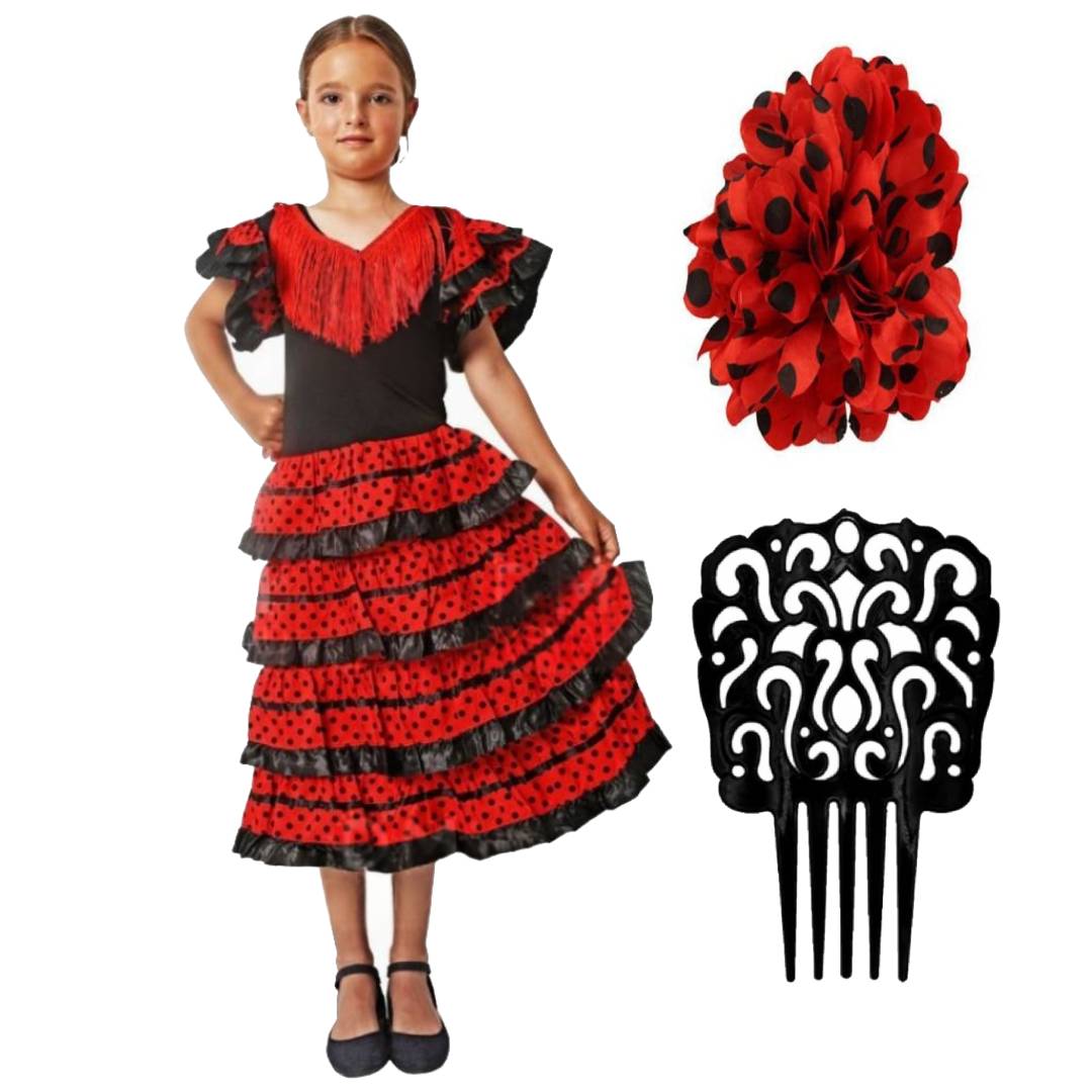 Disfraz de Flamenca Niña Vestido Sevillana con Volantes y Lunares, Incluye Peineta y Flor, Ideal Carnaval y Ferias (1-12 Años)