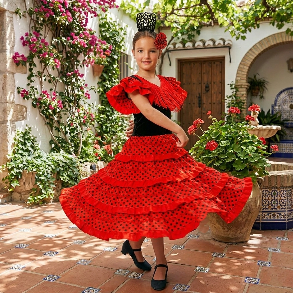 Disfraz de Flamenca para Niña - Vestido Sevillana con Volantes Rojos y Lunares, Incluye Peineta y Flor - Tallas 1 a 12 Años