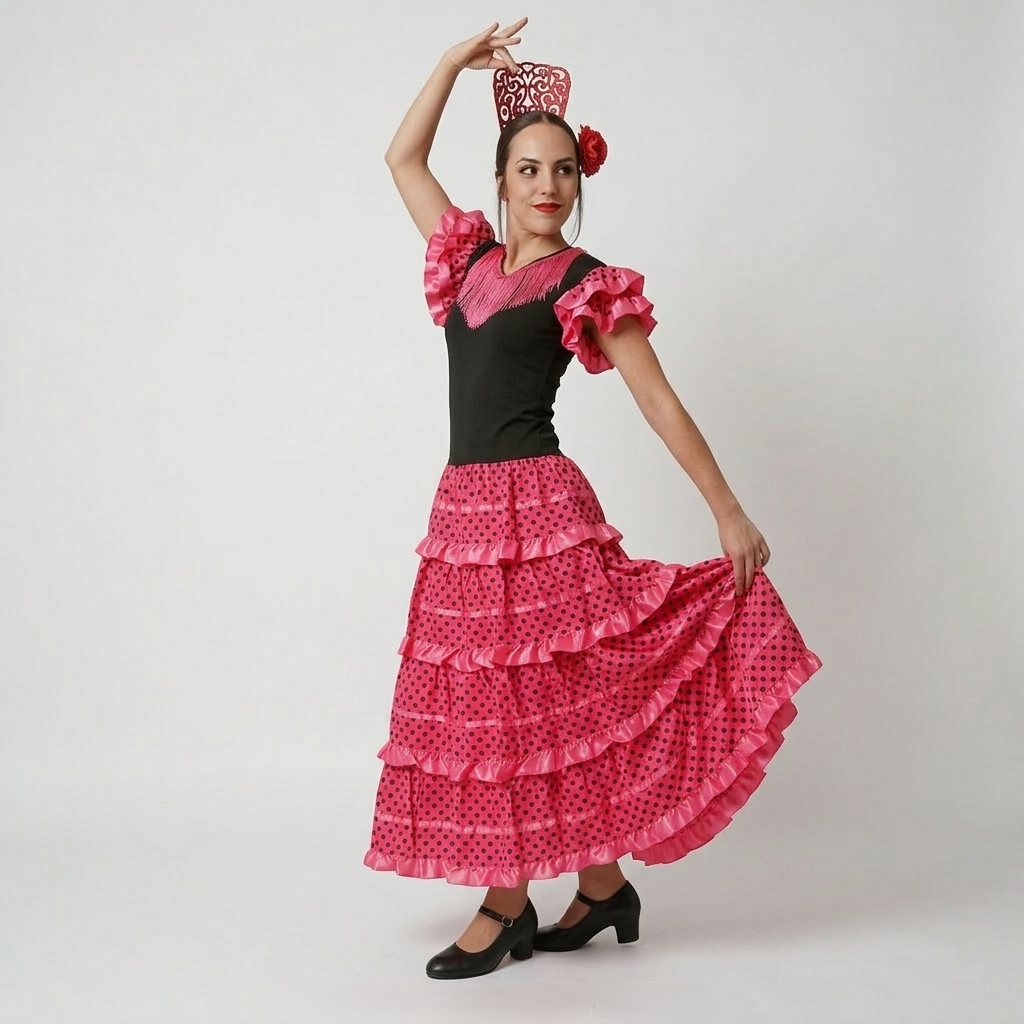 Disfraz de Flamenca Sevillana Mujer Negro y Fucsia con Lunares | Vestido Española para Feria, Carnaval y Fiestas - Tallas S a XL