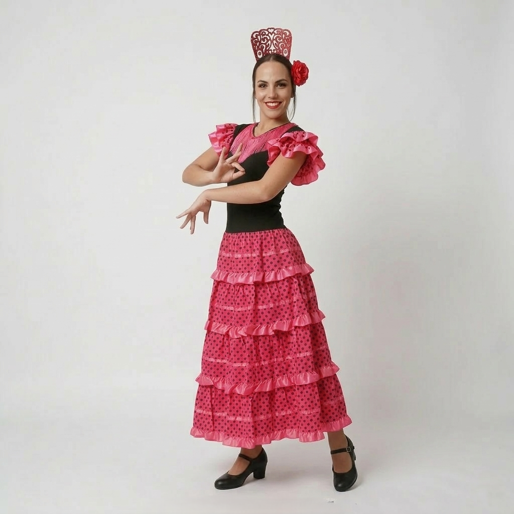 Disfraz de Flamenca Sevillana Mujer Negro y Fucsia con Lunares | Vestido Española para Feria, Carnaval y Fiestas - Tallas S a XL