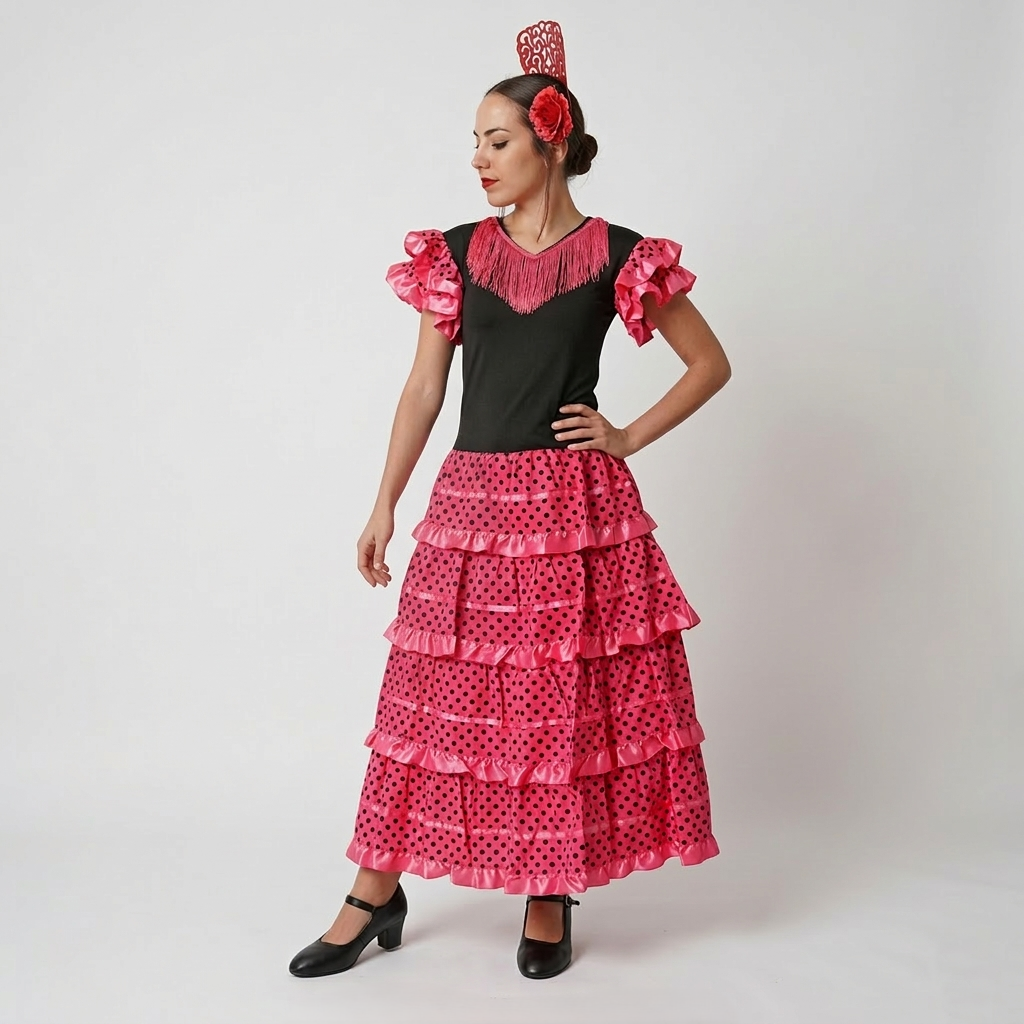 Disfraz de Flamenca Sevillana Mujer Negro y Fucsia con Lunares | Vestido Española para Feria, Carnaval y Fiestas - Tallas S a XL
