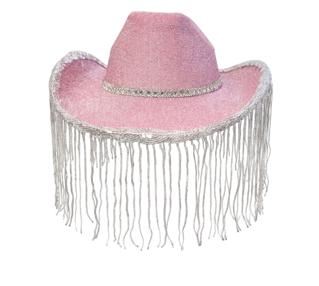 Pack 3 Piezas Disfraz Cowgirl Rosa para Mujer - Sombrero de Vaquera con Brillos y Flecos, Bandana Western y Gafas de Corazón - Set Completo para Carnaval, Festivales, Halloween y Despedidas.